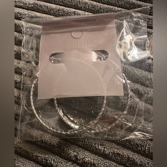 Large  Silver Tone Classic Hoop Earrings with Rhinestone Detail - Picture 3 of 3